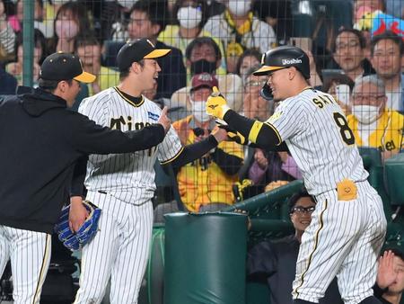 　３回、ソロを放った佐藤輝（右）を迎える青柳（撮影・高部洋祐）