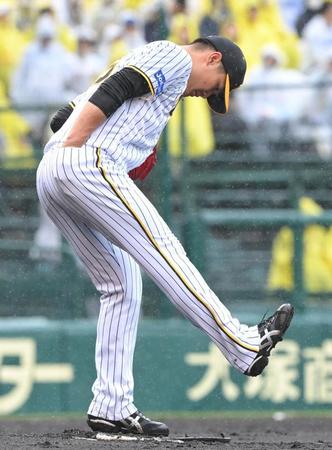 　２回、ＤｅＮＡ打線に打ち込まれ、マウンドの土を整える西純（撮影・高部洋祐）