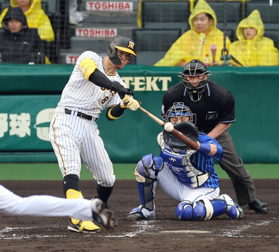 　３回、中前に適時打を放つ佐藤輝（撮影・山口登）