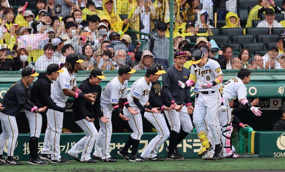 　４回、阪神ナインは満塁本塁打を放った佐藤輝を迎える（撮影・山口登）