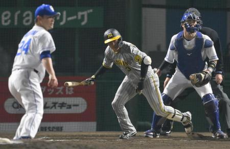 　５回、福谷（左）から適時打を放つ大山（撮影・高部洋祐）