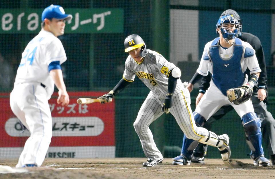 　５回、福谷（左）から適時打を放つ大山（撮影・高部洋祐）