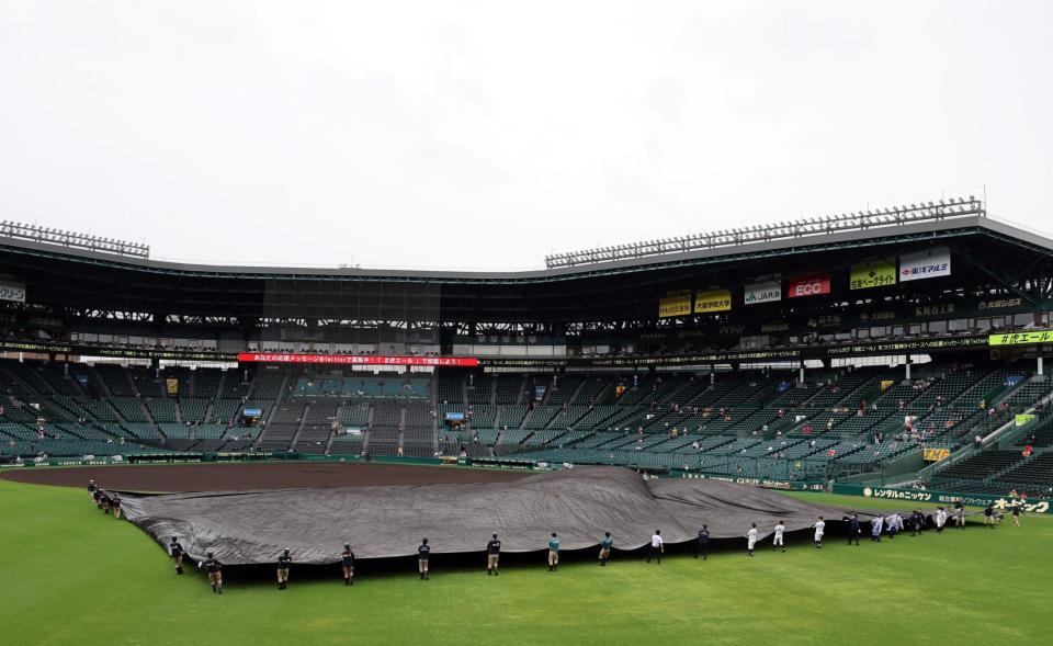 試合開始に向け、グラウンドに敷かれたシートが外される＝甲子園（撮影・山口登）