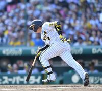 　４回、中前適時打を放つ梅野（撮影・中田匡峻）