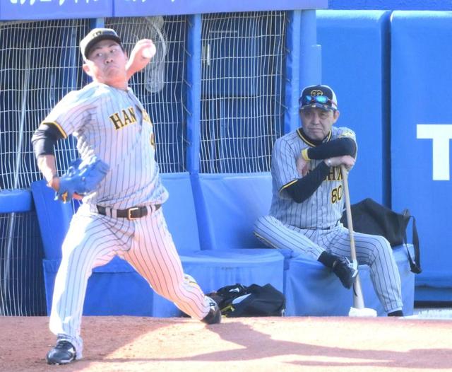 【写真】前日のブルペンで投球練習する阪神の若手　後ろから“ジロリ”の岡田監督