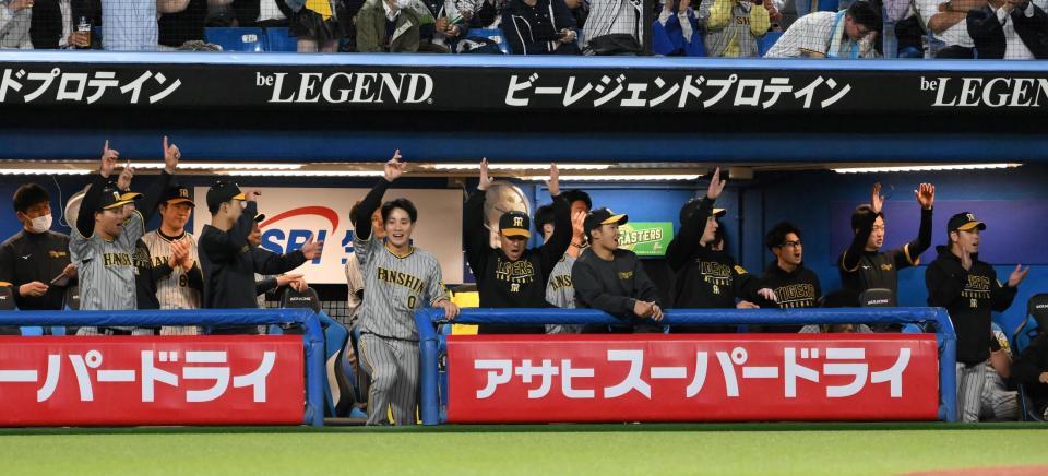 　４回、大山がソロを放ち盛り上がる阪神ベンチ（撮影・堀内翔）