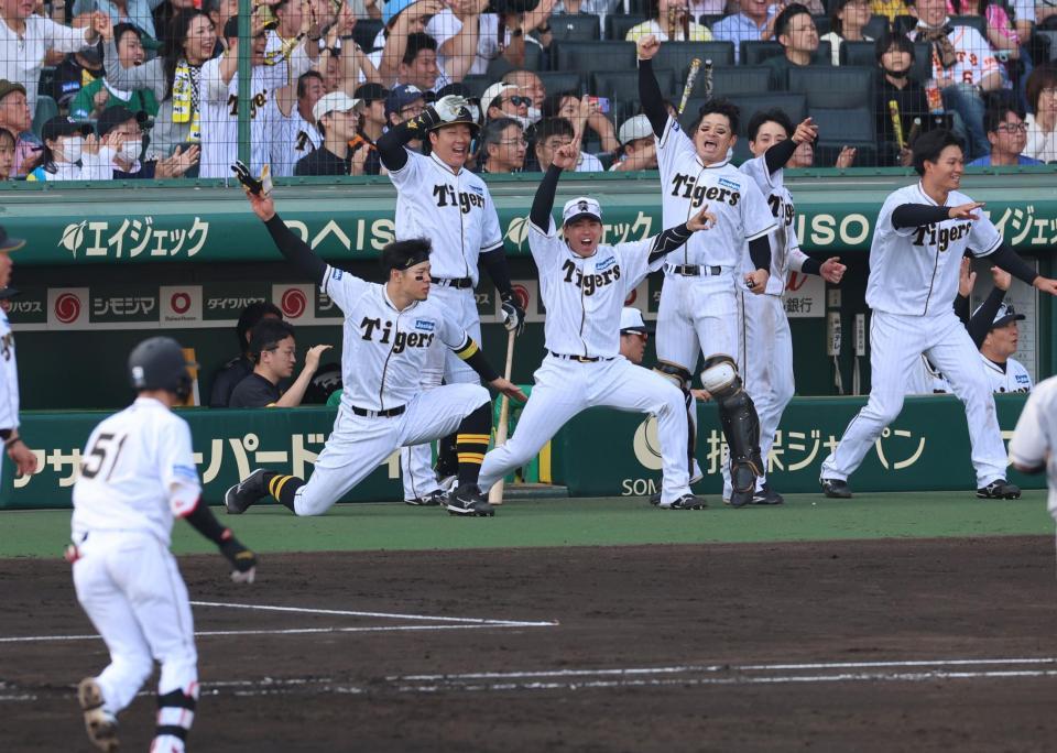 ７回、中野の適時打に、佐藤輝（左）ら阪神ナインはベンチ出て大喜び（撮影・山口登）