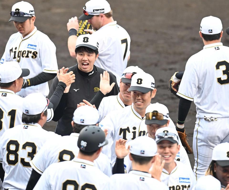 　勝利のハイタッチをかわす才木ら阪神ナイン（撮影・飯室逸平）