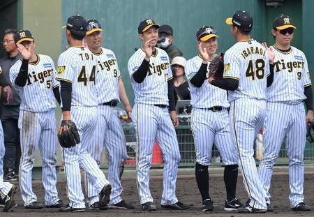 　中日に快勝し、ナインとタッチを交わす青柳（中央）＝撮影・高部洋祐