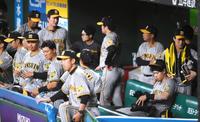 　完封負けを喫してベンチで肩を落とす佐藤輝（右端下）ら阪神ナイン（撮影・堀内翔）　