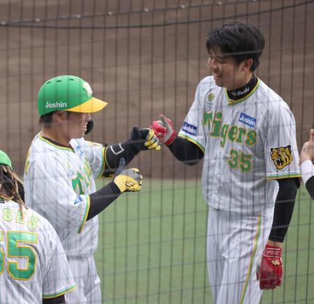 　７回、本塁打を放った梅野（左）を笑顔で迎える才木（撮影・坂部計介）