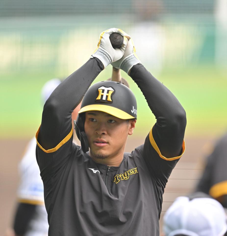 　打撃練習をする佐藤輝（撮影・中田匡峻）