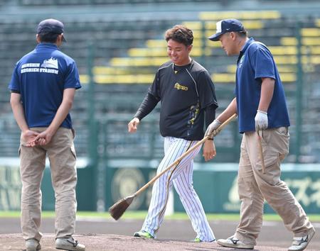 　試合前、阪神園芸スタッフとマウンドの状態をチェックする村上（撮影・高部洋祐）