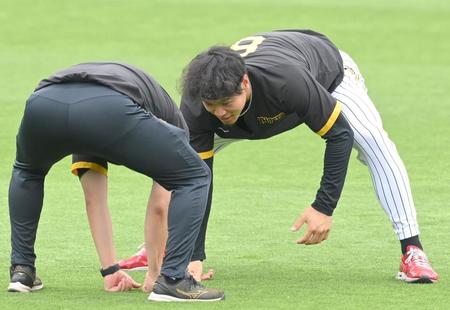 　試合前、関係者と相撲を取る佐藤輝（右）＝撮影・高部洋祐