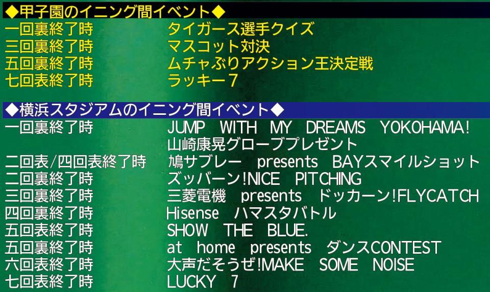 　横浜スタジアムのイニング間イベント一覧。上（黄文字）は甲子園でのイベント。