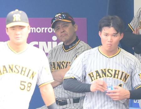 ７回、自軍の攻撃終了後にグラウンドを見つめる岡田監督。右は森下＝横浜スタジアム（撮影・堀内翔）