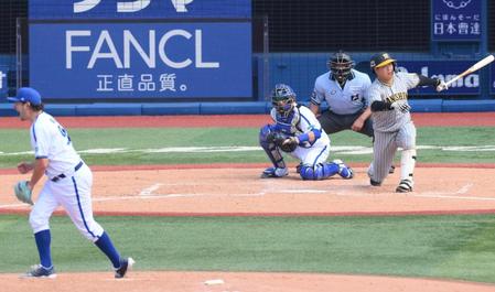 　３回、空振り三振に倒れる大山（撮影・堀内翔）