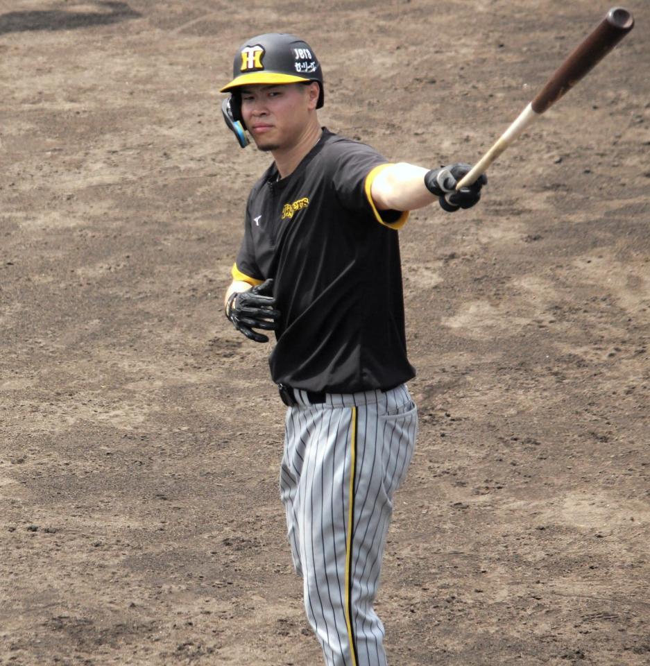　試合前に打撃練習をする佐藤輝