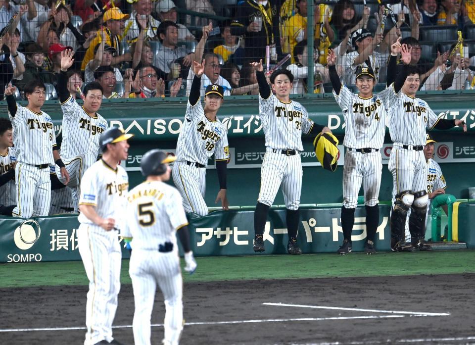 　７回、同点にわく阪神ナイン（撮影・飯室逸平）