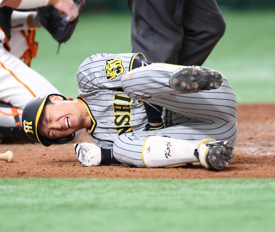 　対巨人１１回戦の７回、死球を受け、苦痛に顔を歪める近本＝２日、東京ドーム