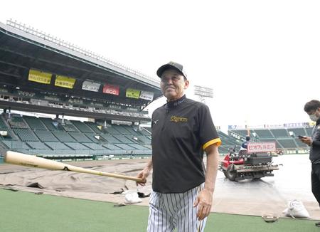 　グラウンドの状態を確認する岡田監督（撮影・飯室逸平）