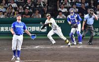　８回、バウアー（左）から同点２ランを放つ森下（撮影・中田匡峻）