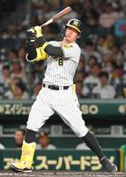 　６回、空振り三振に倒れる佐藤輝（撮影・高部洋祐）