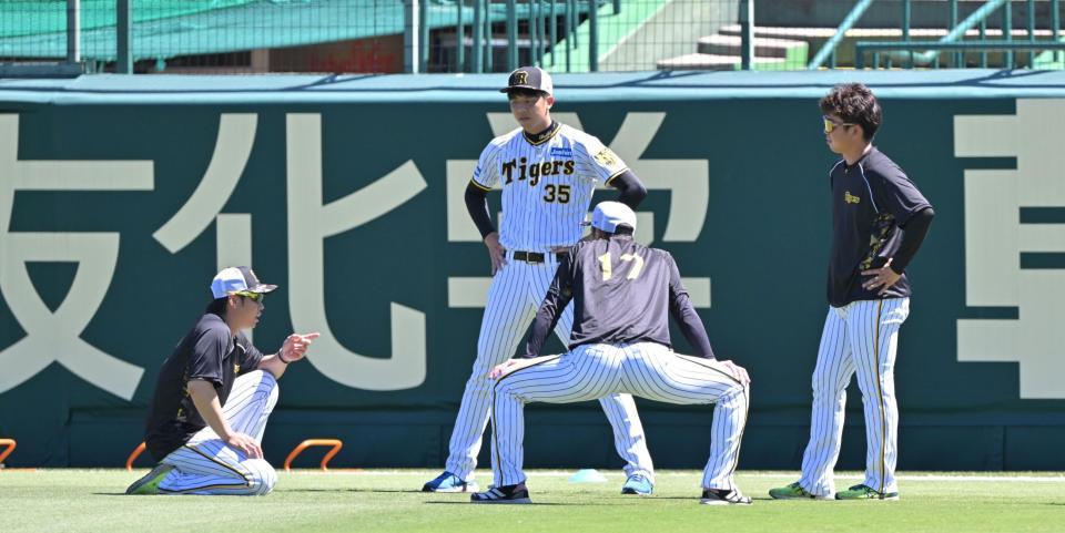 　才木（３５）、村上（右端）、青柳（手前中央）と話す梅野（撮影・中田匡峻）
