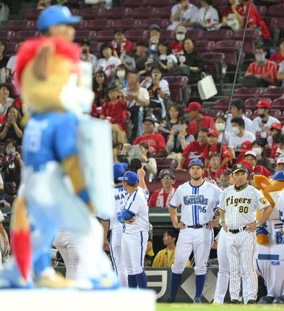 表彰式を見つめる岡田監督（左）とバウアー（撮影・伊藤笙子）