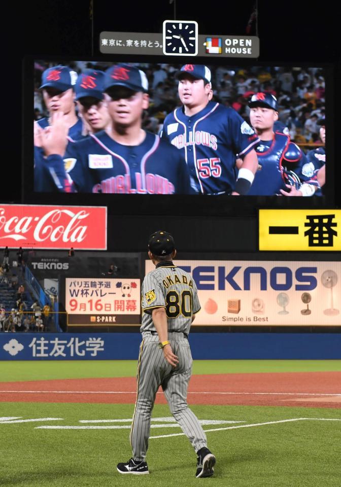 　ヤクルトに敗れ、村上（５５）らの映像を見つめながら引き揚げる岡田監督（撮影・高部洋祐）