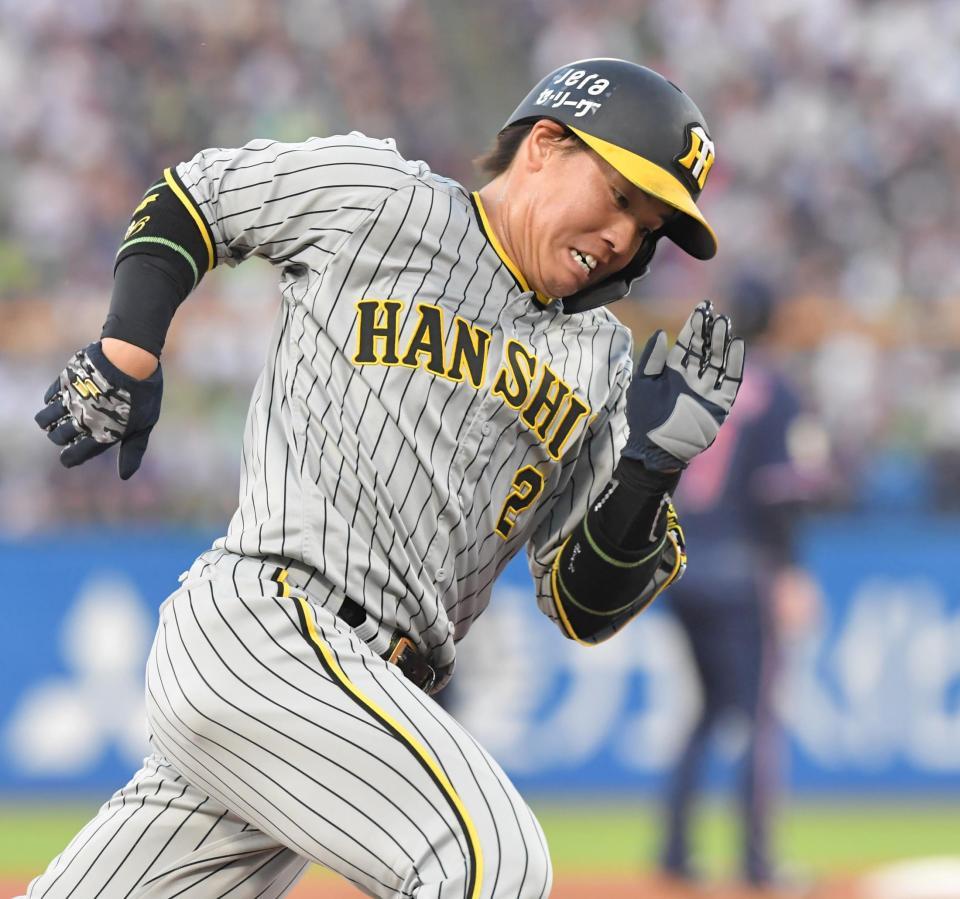 　３回、木浪の安打で二塁から本塁へ激走する梅野（撮影・高部洋祐）