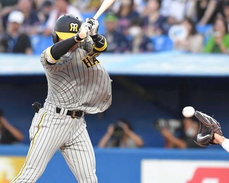 　３回、死球を受ける近本（撮影・高部洋祐）