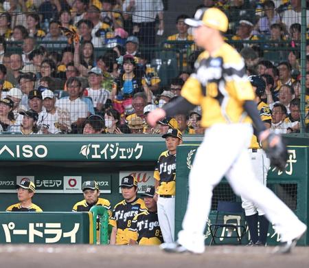 　５回、吉川に２点適時打を浴びた馬場（手前）を見つめる岡田監督（左から２人目）＝撮影・高部洋祐