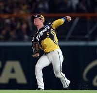 　６回、近本は本塁を狙う大城卓を封殺する（撮影・山口登）