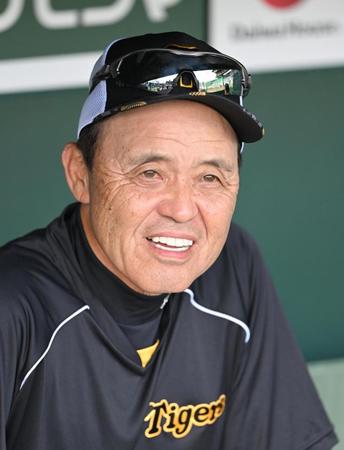 　試合前、ベンチからナインの練習を見守る岡田監督（撮影・高部洋祐）