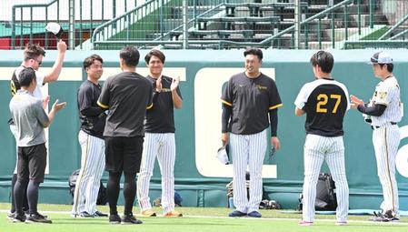 　１軍の投手練習に合流し、あいさつするビーズリー（左端の奥）と秋山（右から３人目）＝撮影・高部洋祐