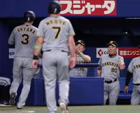 　６回、岡田監督は西純の適時三塁打で生還した大山らを笑顔で迎える（撮影・山口登）