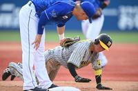 　３回、森下のとき、けん制でアウトになる一走・近本（撮影・金田祐二）