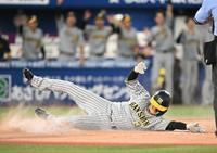 　６回、佐藤輝の２点二塁打で生還する大山（撮影・金田祐二）