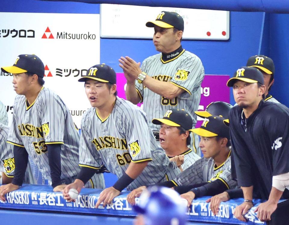 　ピンチで好投を見せる島本に、ベンチから拍手を送る岡田監督（中央）＝撮影・吉澤敬太