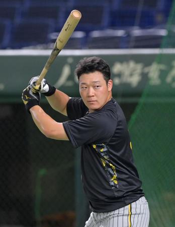 　打撃フォームを確認しながら素振りをする大山（撮影・立川洋一郎）