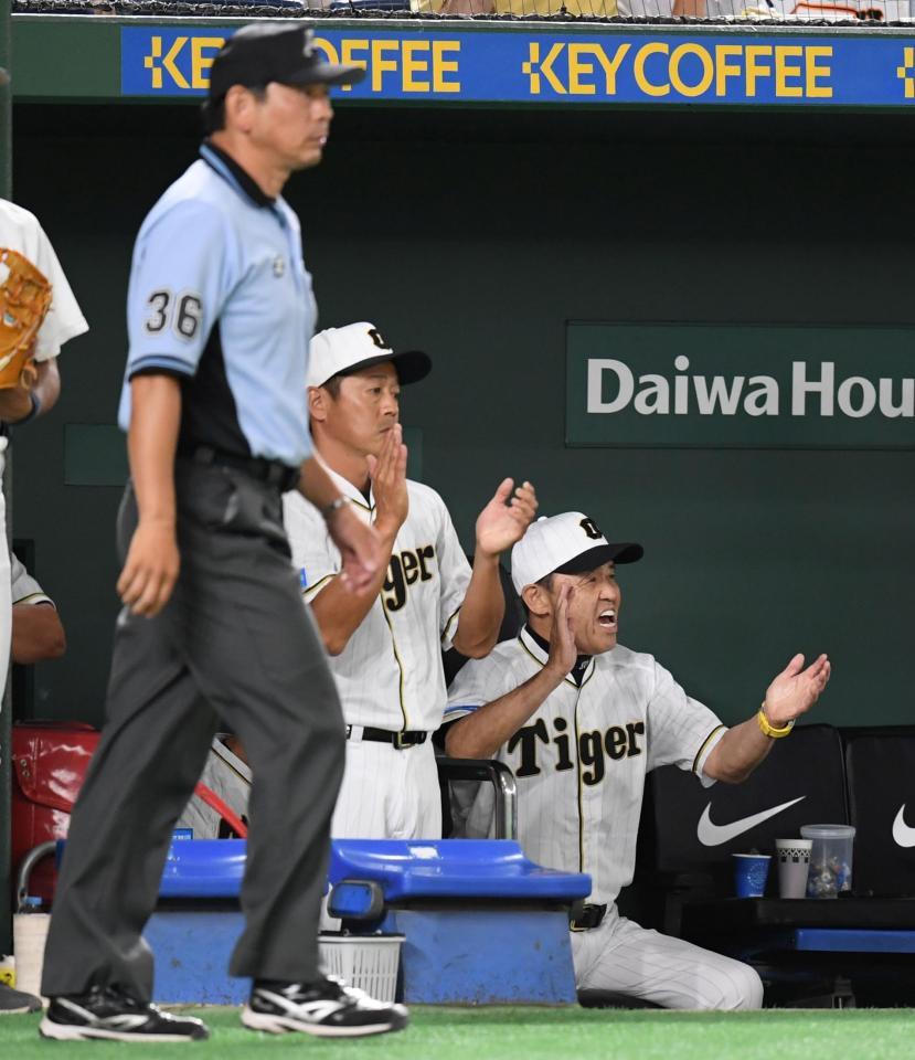 　８回、リクエストが成功し手をたたいて喜ぶ岡田監督（右）＝撮影・棚橋慶太