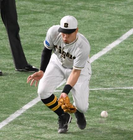 　３回、坂本の打球を失策する三塁手の佐藤輝（撮影・堀内翔）