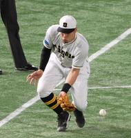 　３回、坂本の打球を失策する三塁手の佐藤輝（撮影・堀内翔）