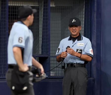 　４回、近本の打球の判定を説明する有隅塁審（撮影・山口登）