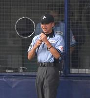　４回、近本の打球を巡り、「ノーバウンド」を「ワンバウンド」と言い直す審判（撮影・飯室逸平）