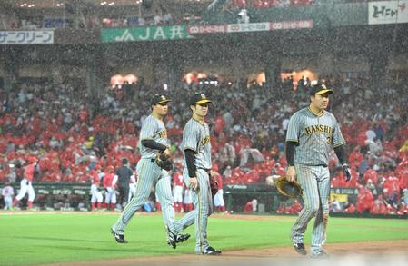 　４回、悪天候のため試合中断となり、ベンチに下がる（左から）森下、中野、大山（撮影・高部洋祐）