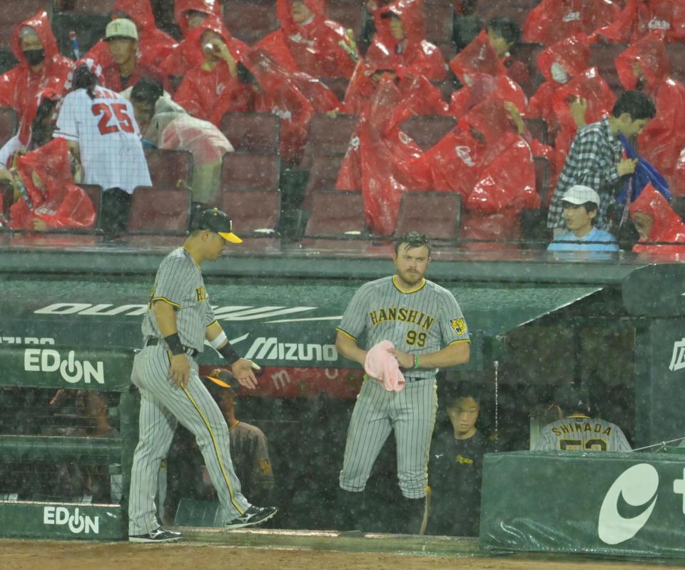 　雨が強まって試合が中断となり、ベンチ最前列に出て引き揚げてくるナインを待つビーズリー（撮影・立川洋一郎）