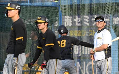 試合前、ナインの練習を見守る岡田監督（右）。左手前は打撃練習の順番を待つ佐藤輝（撮影・高部洋祐）