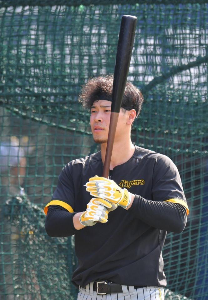 　打撃練習を行う佐藤輝（撮影・西岡正）